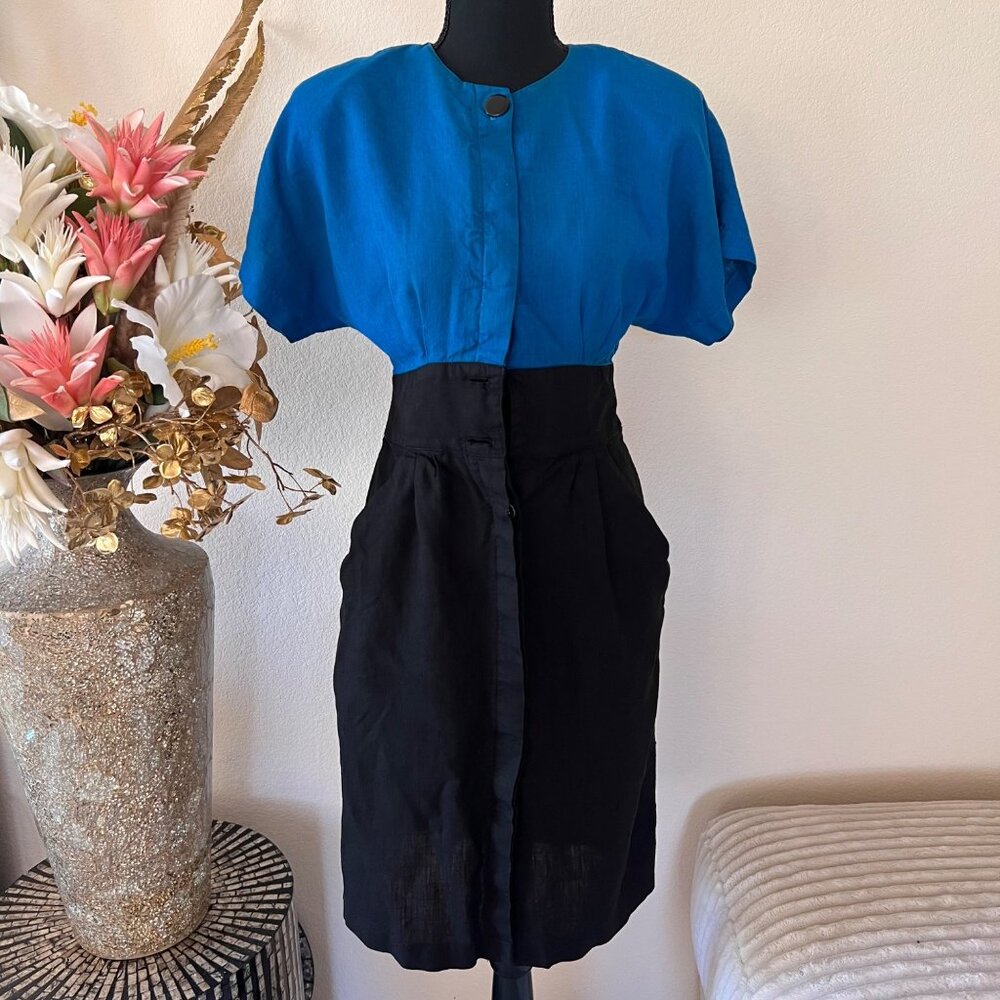 Vintage Michelle Stuart 80s Blue and Black Panel Dress with Dolman Sleeves S